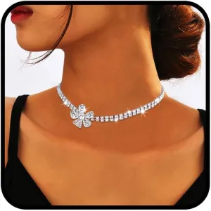 Sixexey Rhinestone Choker Necklace Silver Crystal Necklace Jewelry Flower Prom Wedding Jewelry Necklace for Women