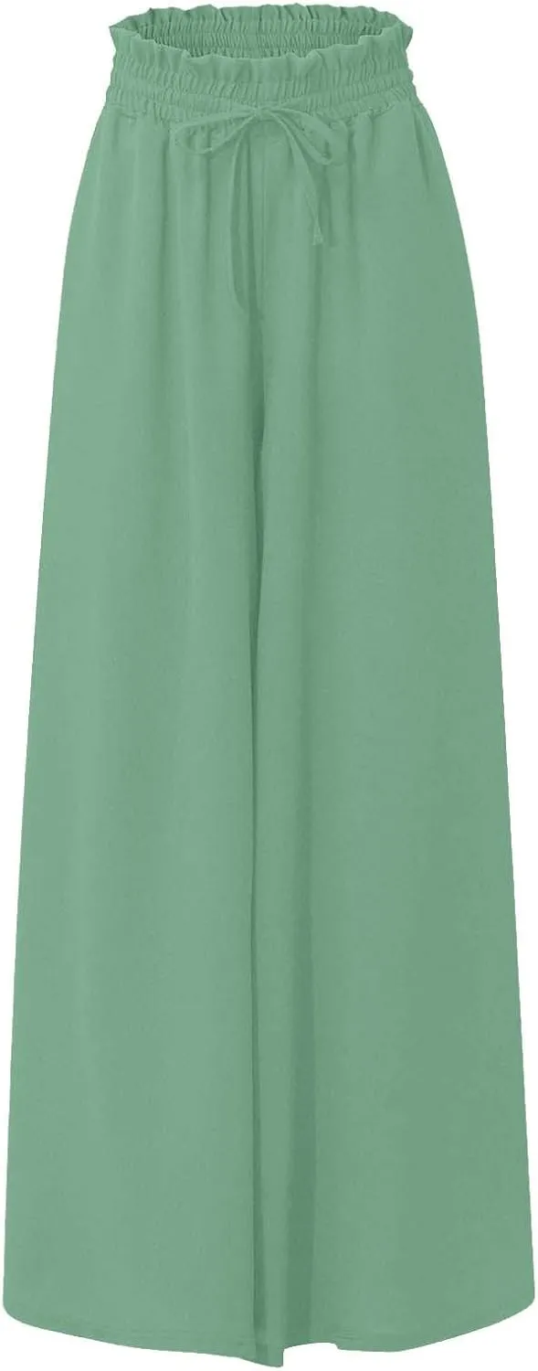 Skirt Pants for Women Wide Leg Elastic Waisted Chiffon Baggy Long Lounge Trousers Beach Vacation Pant with Pockets