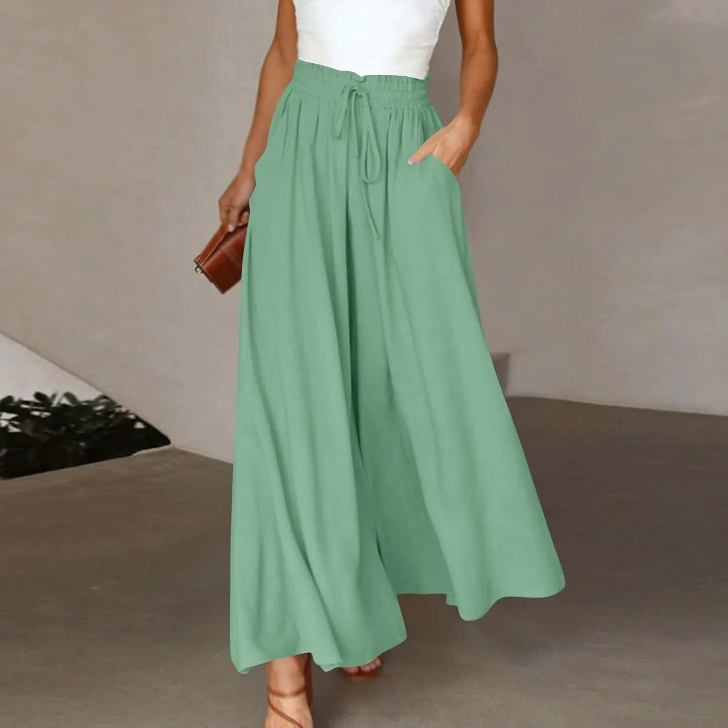Skirt Pants for Women Wide Leg Elastic Waisted Chiffon Baggy Long Lounge Trousers Beach Vacation Pant with Pockets