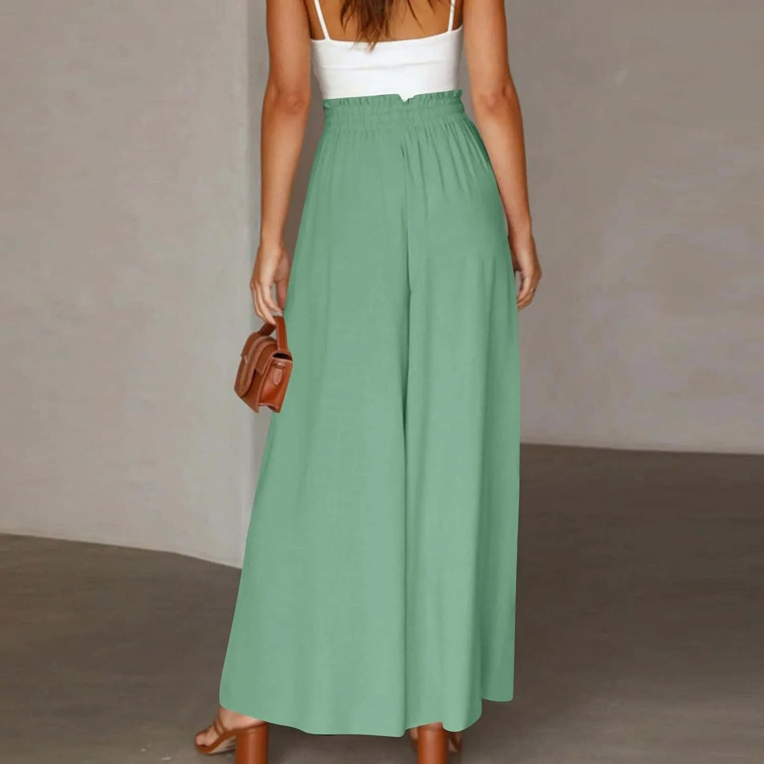 Skirt Pants for Women Wide Leg Elastic Waisted Chiffon Baggy Long Lounge Trousers Beach Vacation Pant with Pockets