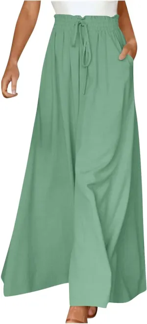 Skirt Pants for Women Wide Leg Elastic Waisted Chiffon Baggy Long Lounge Trousers Beach Vacation Pant with Pockets