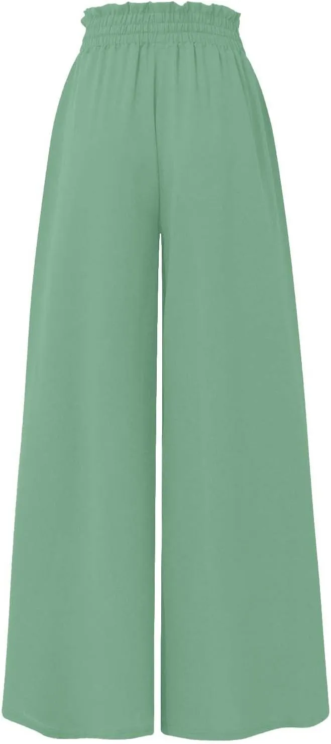 Skirt Pants for Women Wide Leg Elastic Waisted Chiffon Baggy Long Lounge Trousers Beach Vacation Pant with Pockets