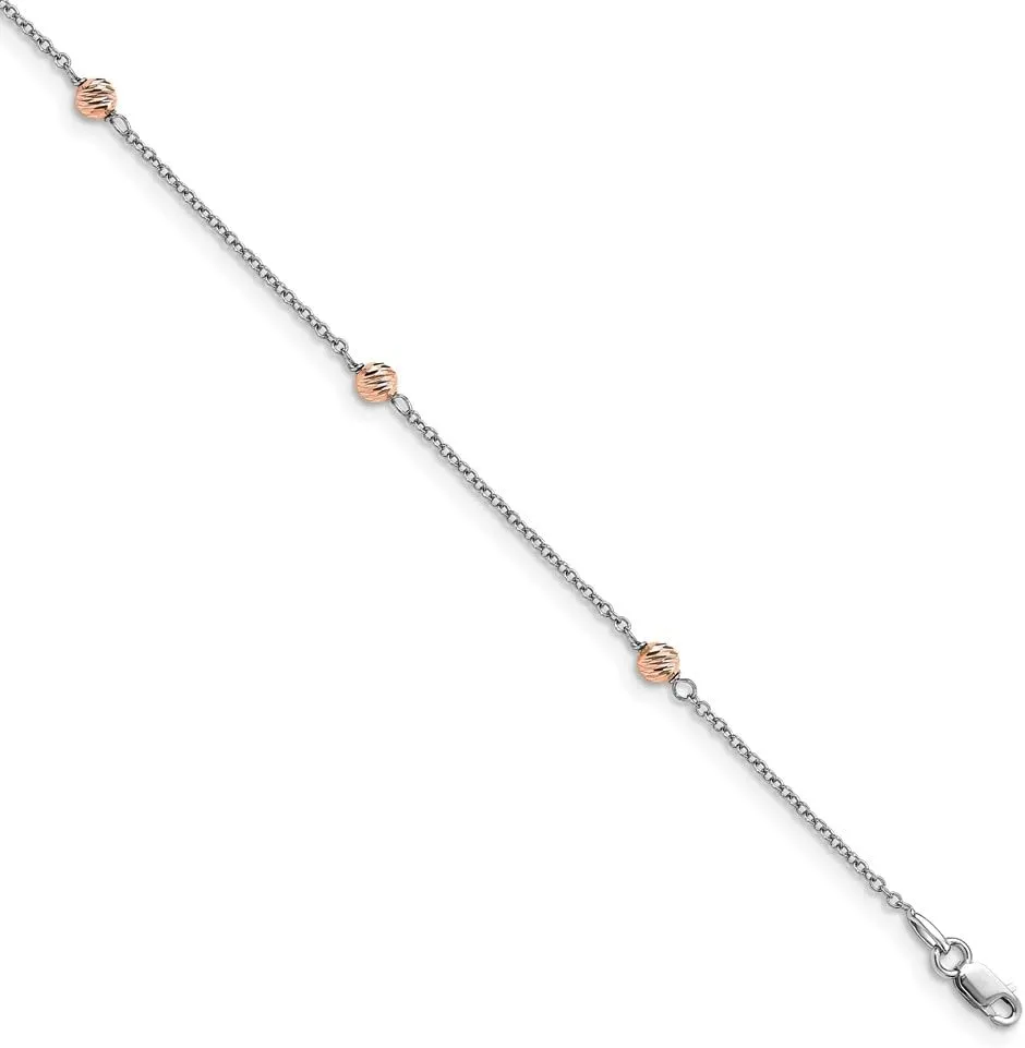 Sonia Jewels Real 14K White and Rose Gold Diamond-Cut Beaded 1in Extension Anklet - with Secure Lobster Lock Clasp 9.5" (Width = 1mm)