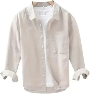 Spring Men's Simple Chest Pocket Long Sleeve Shirt-Streetwear,Solid Color,Cotton Linen,Loose Versatile Design