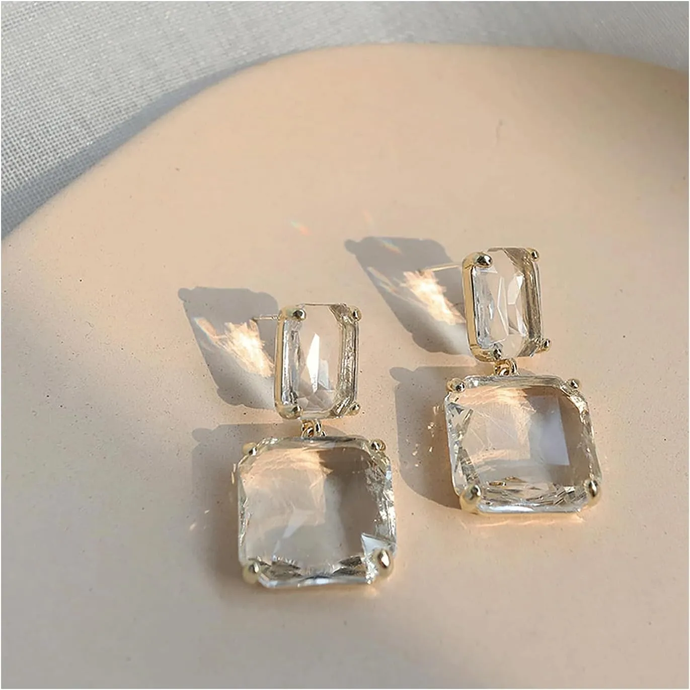 Square Clear Crystal Drop Earrings - Geometric Rectangle Rhinestone Statement Jewelry - Hypoallergenic Wedding Jewelry for Women