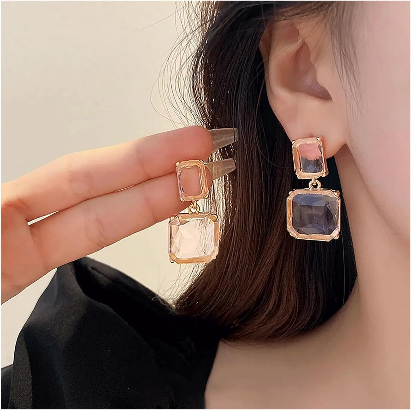Square Clear Crystal Drop Earrings - Geometric Rectangle Rhinestone Statement Jewelry - Hypoallergenic Wedding Jewelry for Women