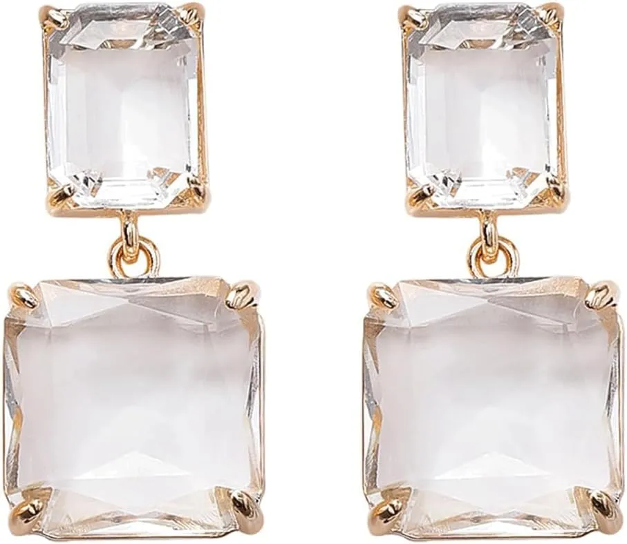 Square Clear Crystal Drop Earrings - Geometric Rectangle Rhinestone Statement Jewelry - Hypoallergenic Wedding Jewelry for Women