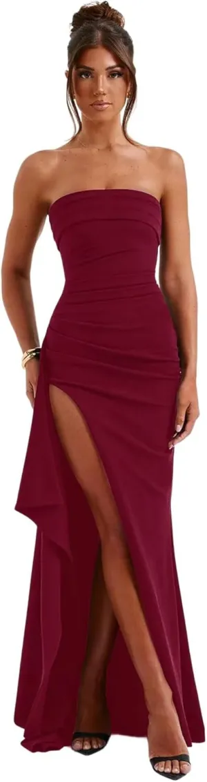 Strapless Satin Prom Dresses for Women Pleated Long Formal Party Dress with Side Slit