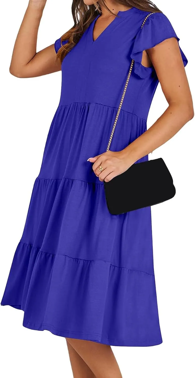 Summer Dress for Women Ruffle Sleeve V Neck Midi Dresses Trendy Casual Fit Flowy Tiered Boho Beach Vacation Sundress