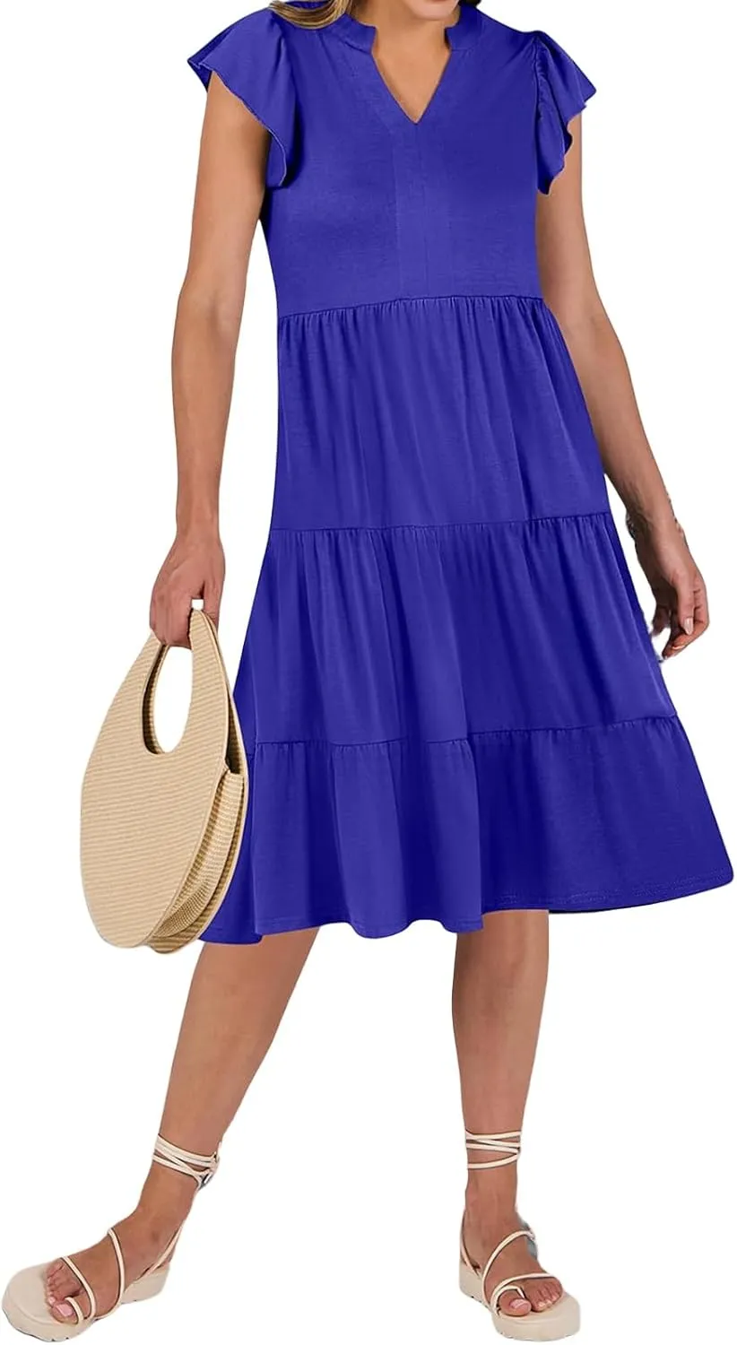 Summer Dress for Women Ruffle Sleeve V Neck Midi Dresses Trendy Casual Fit Flowy Tiered Boho Beach Vacation Sundress
