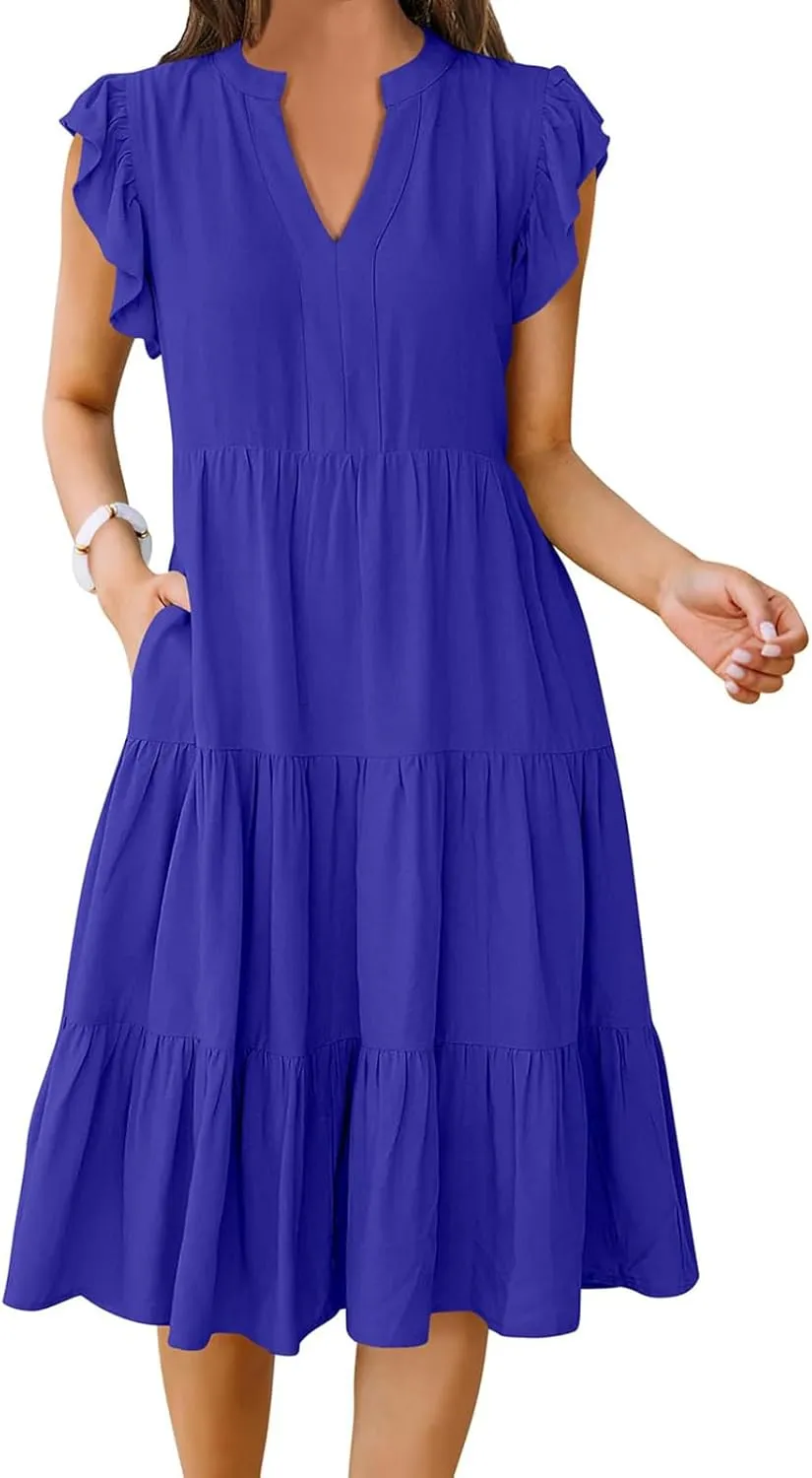 Summer Dress for Women Ruffle Sleeve V Neck Midi Dresses Trendy Casual Fit Flowy Tiered Boho Beach Vacation Sundress
