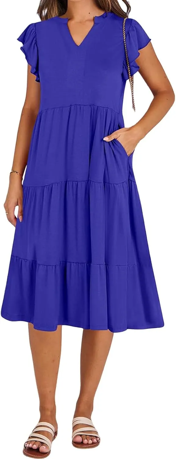 Summer Dress for Women Ruffle Sleeve V Neck Midi Dresses Trendy Casual Fit Flowy Tiered Boho Beach Vacation Sundress