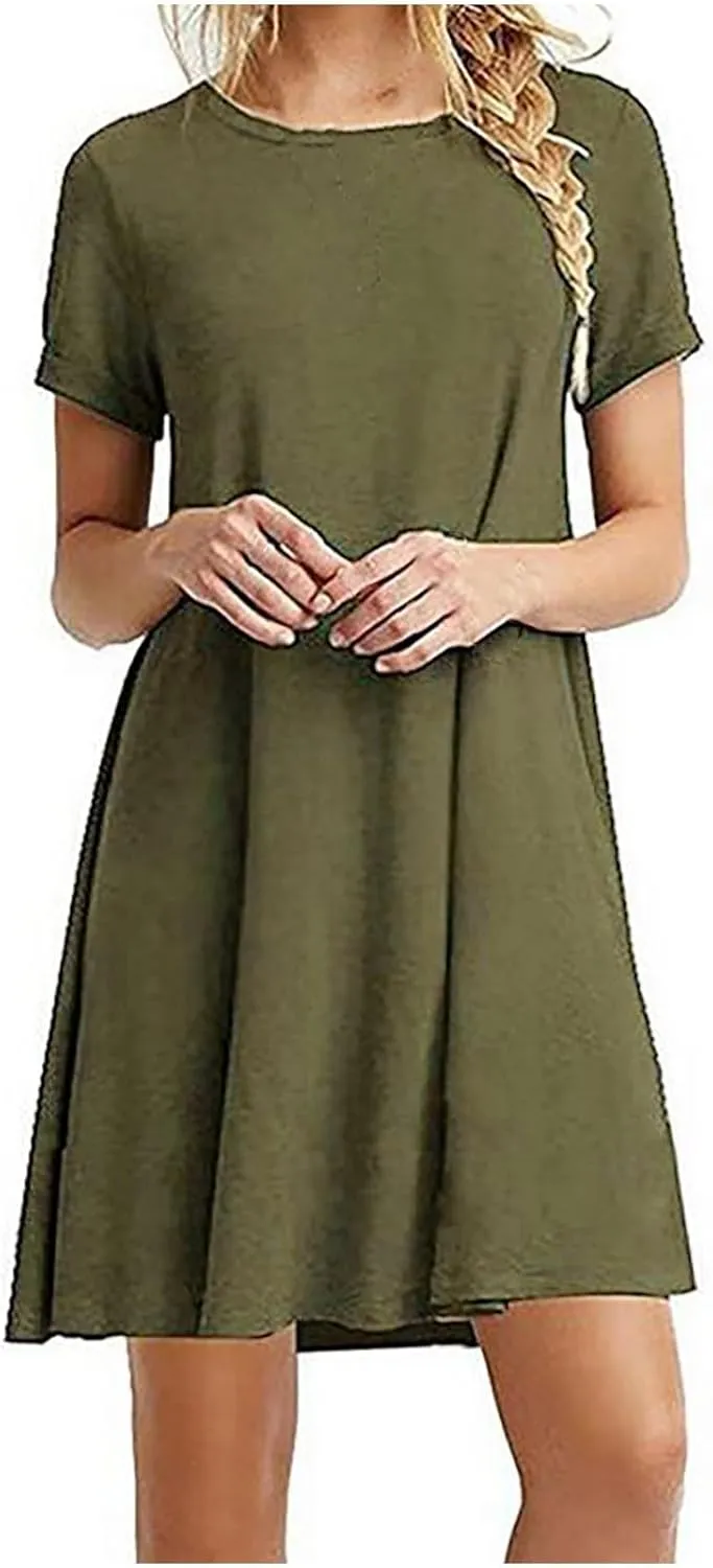 Summer Dresses for Women 2025,Women's Beach Casual Loose Tshirt Dresses Solid Color Short Sleeve Round Neck Sundress