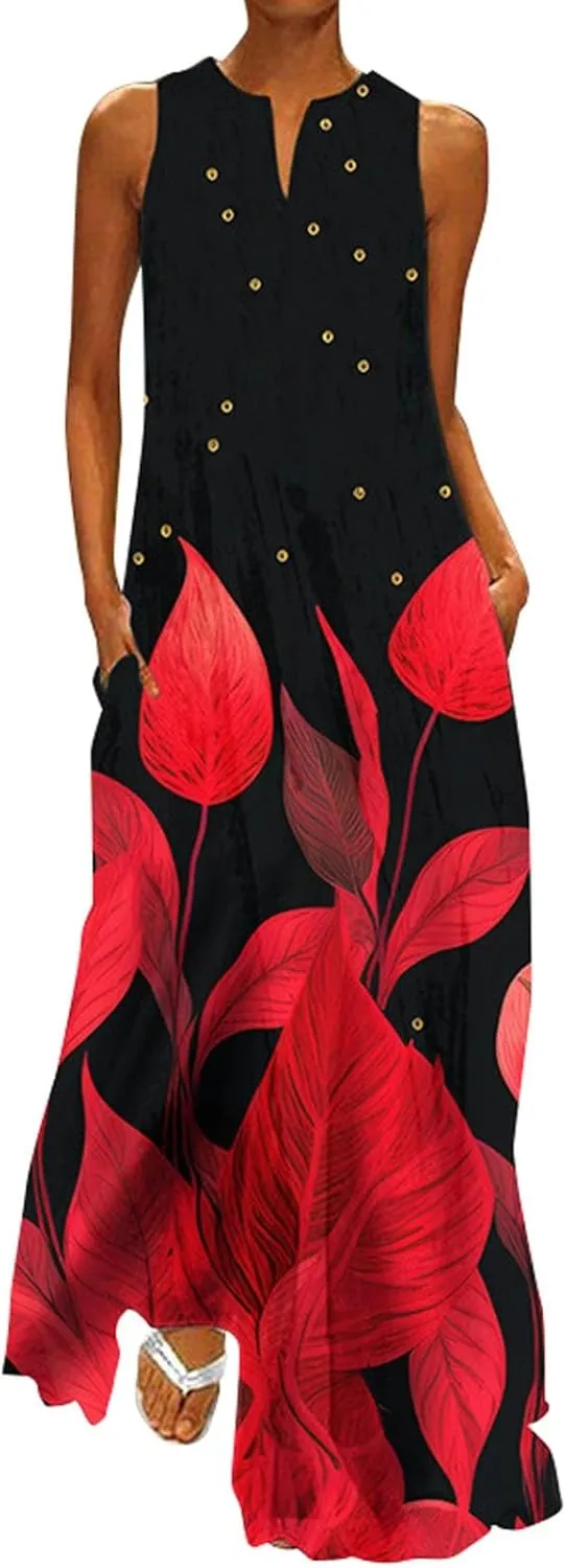 Summer Dresses for Women 2025,Women's Casual Beach Sundresses V-Neck Sleeveless Dresses Maxi Floral Printed Tank Dress