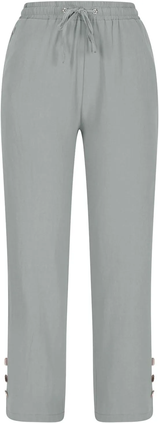 Summer Linen Pants for Women 2025 Drawstring Elastic Waist Pants High Waisted Solid Color Pants Slim Fitting Pants