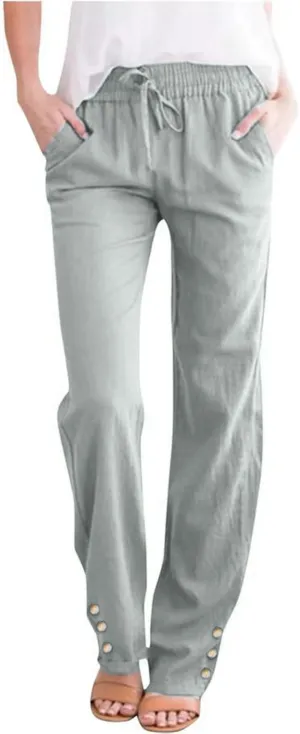 Summer Linen Pants for Women 2025 Drawstring Elastic Waist Pants High Waisted Solid Color Pants Slim Fitting Pants