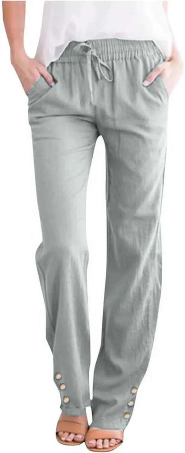 Summer Linen Pants for Women 2025 Drawstring Elastic Waist Pants High Waisted Solid Color Pants Slim Fitting Pants