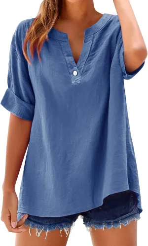 Summer Tops for Women 2025 Trendy Cotton Linen Solid Color Shirts V Neck Short Sleeve Blouses Casual Tunic Outfits