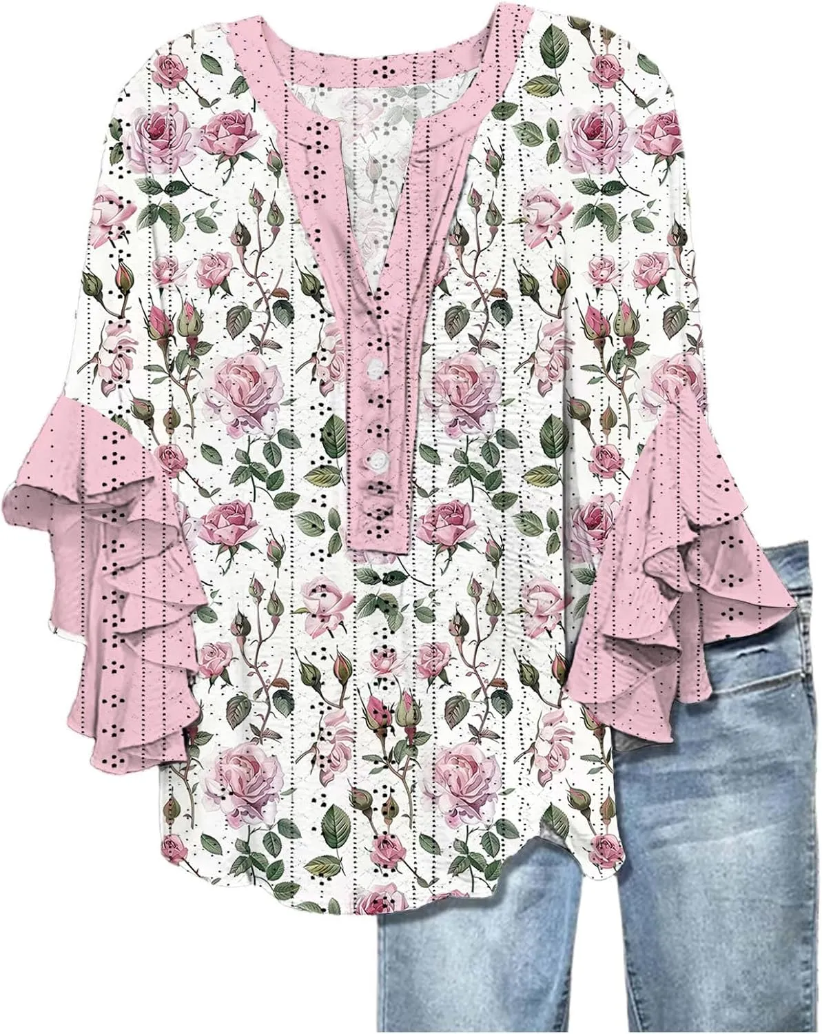Summer Tops for Women,2025 Floral Graphic V Neck 3/4 Sleeve Shirts Casual Button Down Shirts Flowy Ruffle Sleeve Tops