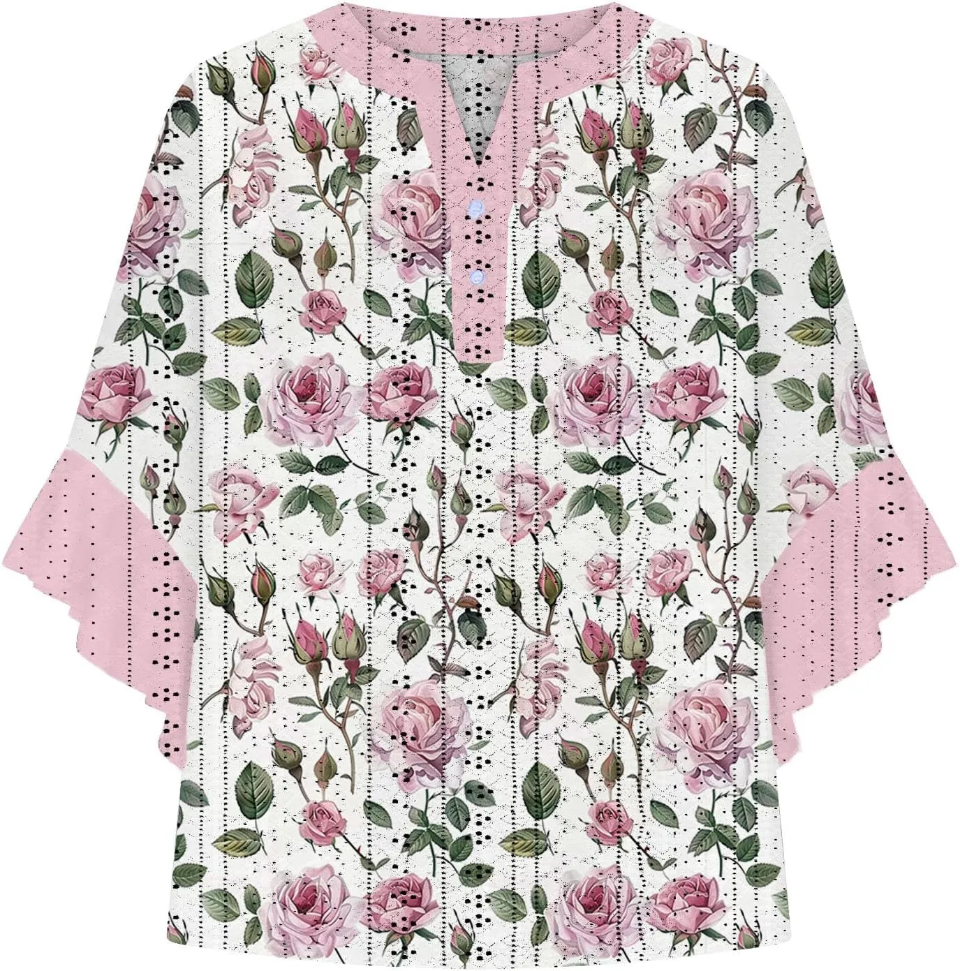 Summer Tops for Women,2025 Floral Graphic V Neck 3/4 Sleeve Shirts Casual Button Down Shirts Flowy Ruffle Sleeve Tops