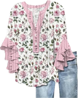 Summer Tops for Women,2025 Floral Graphic V Neck 3/4 Sleeve Shirts Casual Button Down Shirts Flowy Ruffle Sleeve Tops