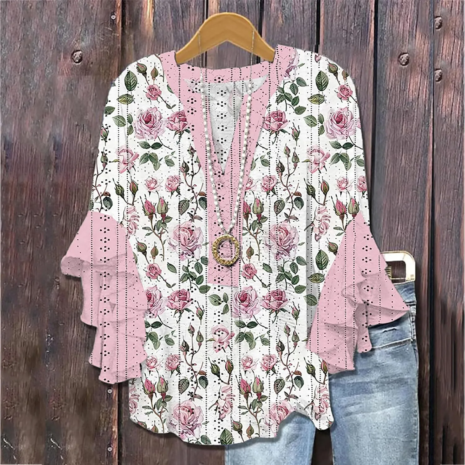 Summer Tops for Women,2025 Floral Graphic V Neck 3/4 Sleeve Shirts Casual Button Down Shirts Flowy Ruffle Sleeve Tops