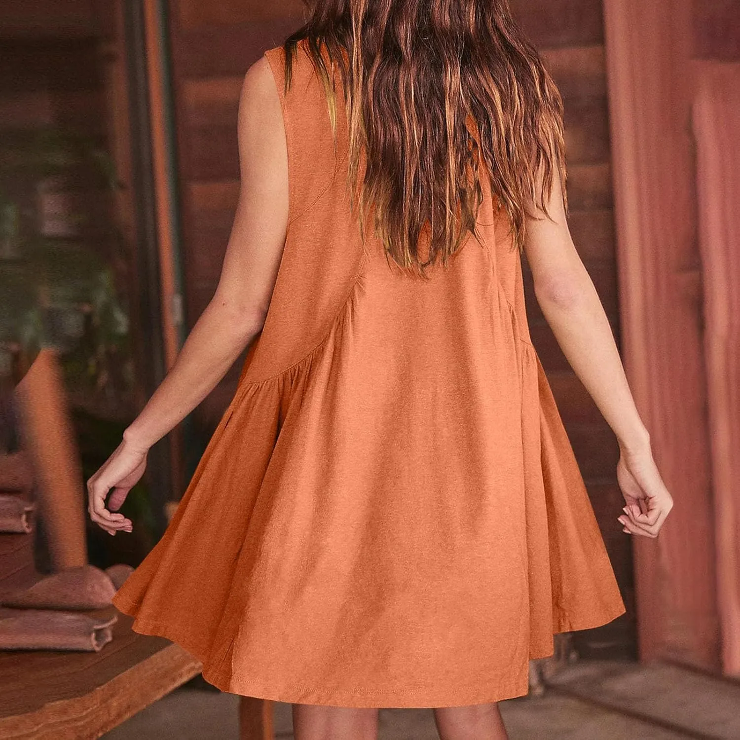 Sundresses for Women 2024 Solid Sleeveless Ruffle Mini Dresses Summer Casual Loose V Neck Solid Dress Going Out Beach