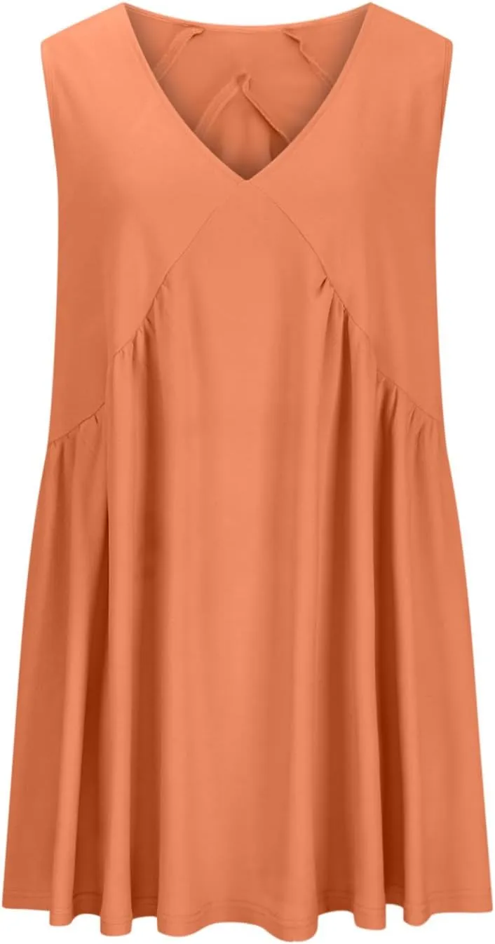 Sundresses for Women 2024 Solid Sleeveless Ruffle Mini Dresses Summer Casual Loose V Neck Solid Dress Going Out Beach