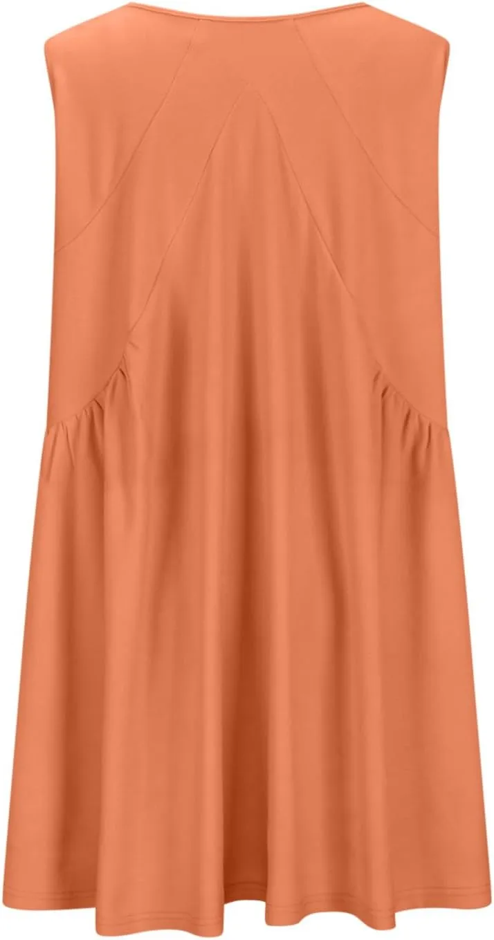 Sundresses for Women 2024 Solid Sleeveless Ruffle Mini Dresses Summer Casual Loose V Neck Solid Dress Going Out Beach
