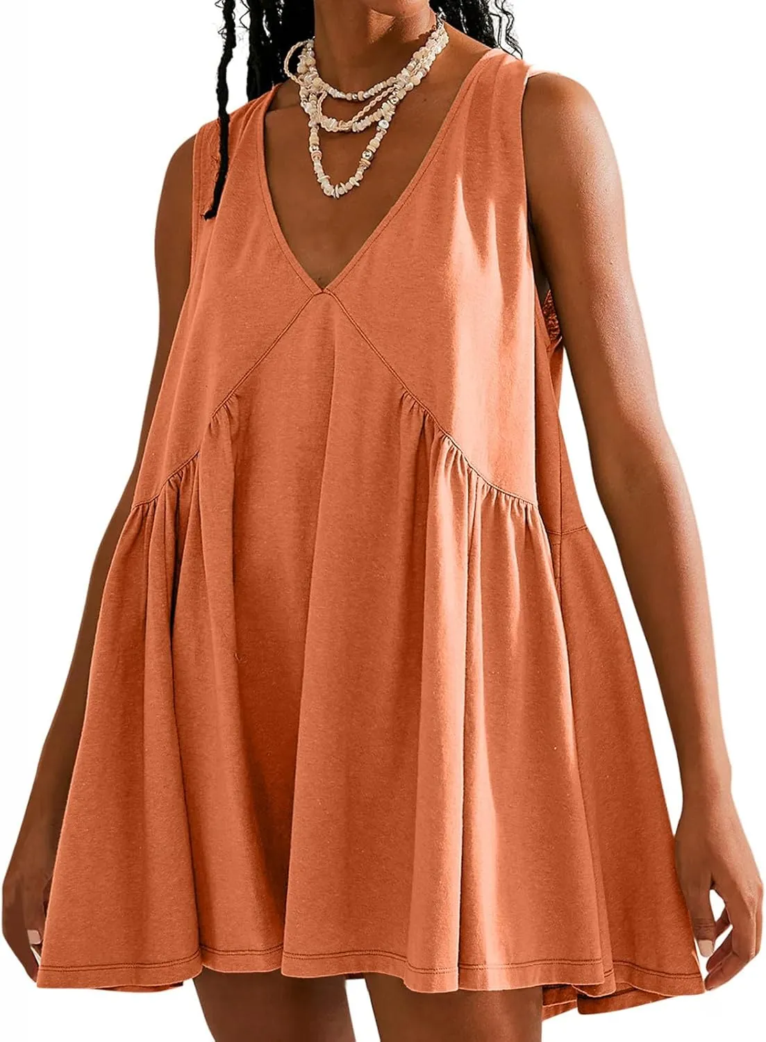 Sundresses for Women 2024 Solid Sleeveless Ruffle Mini Dresses Summer Casual Loose V Neck Solid Dress Going Out Beach