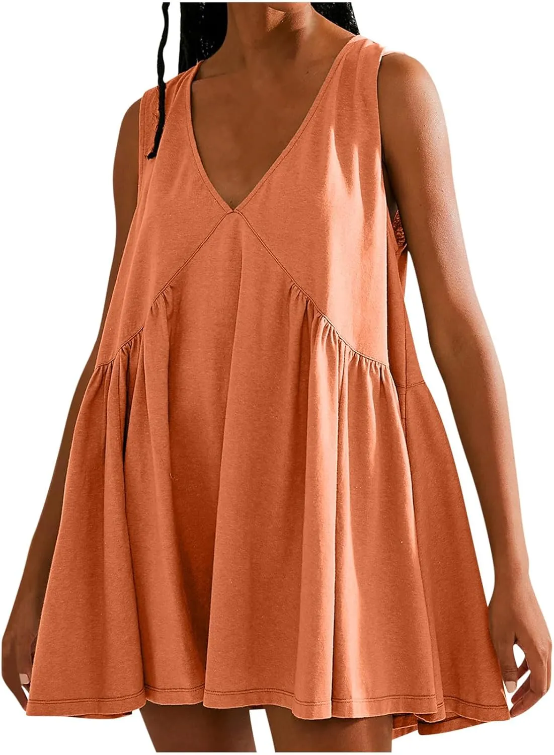Sundresses for Women 2024 Solid Sleeveless Ruffle Mini Dresses Summer Casual Loose V Neck Solid Dress Going Out Beach