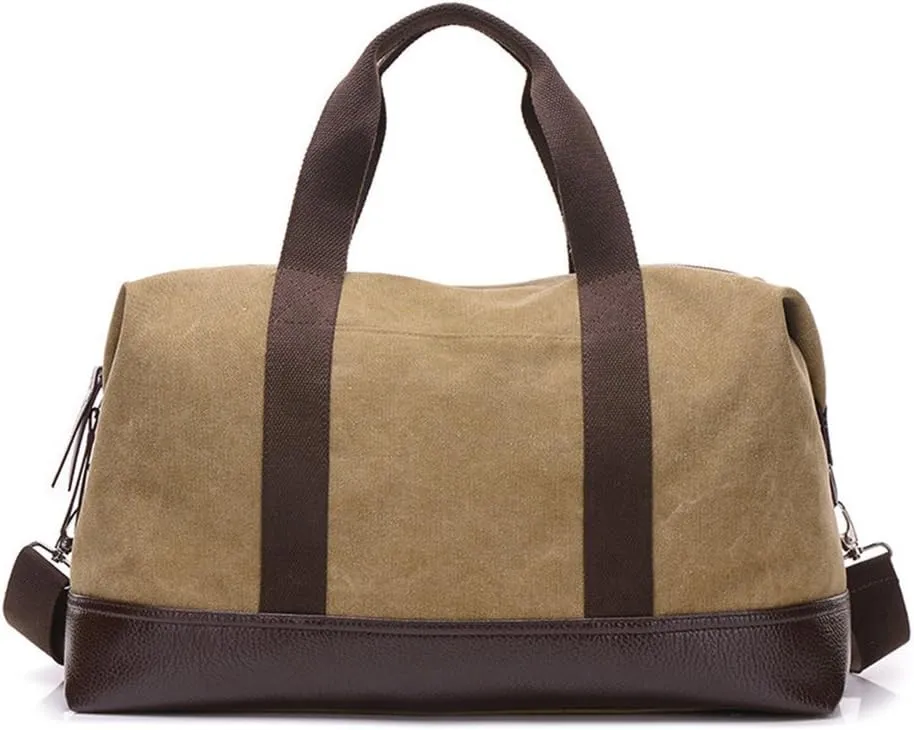 Sunshinejing Unisex Canvas Travel Tote Weekender Overnight Bag Leather Duffel Carry on Bag (Khaki)