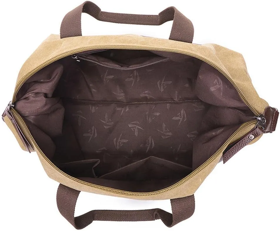 Sunshinejing Unisex Canvas Travel Tote Weekender Overnight Bag Leather Duffel Carry on Bag (Khaki)