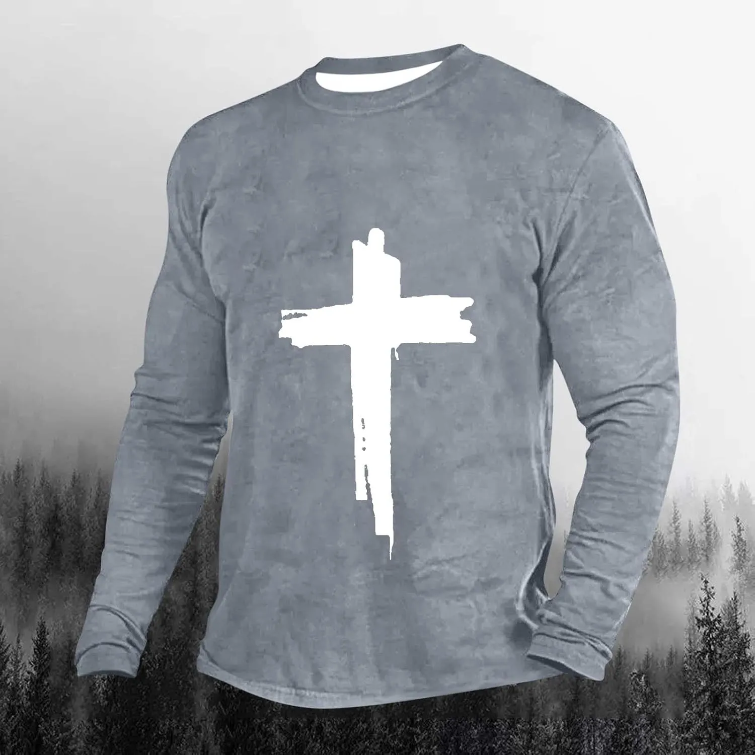 T-Shirts for Mens Jesus Cross Faith Casual Shirts Long Sleeve Crew Neck Christian Tops Comfy Soft Premium Blouses