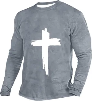 T-Shirts for Mens Jesus Cross Faith Casual Shirts Long Sleeve Crew Neck Christian Tops Comfy Soft Premium Blouses