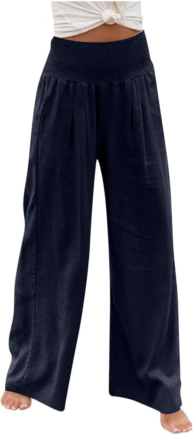 TARIENDY Womens High Waisted Pants Wide Leg Loose Palazzo Pants Elastic Beach Casual Pants Summer Trousers with Pockets