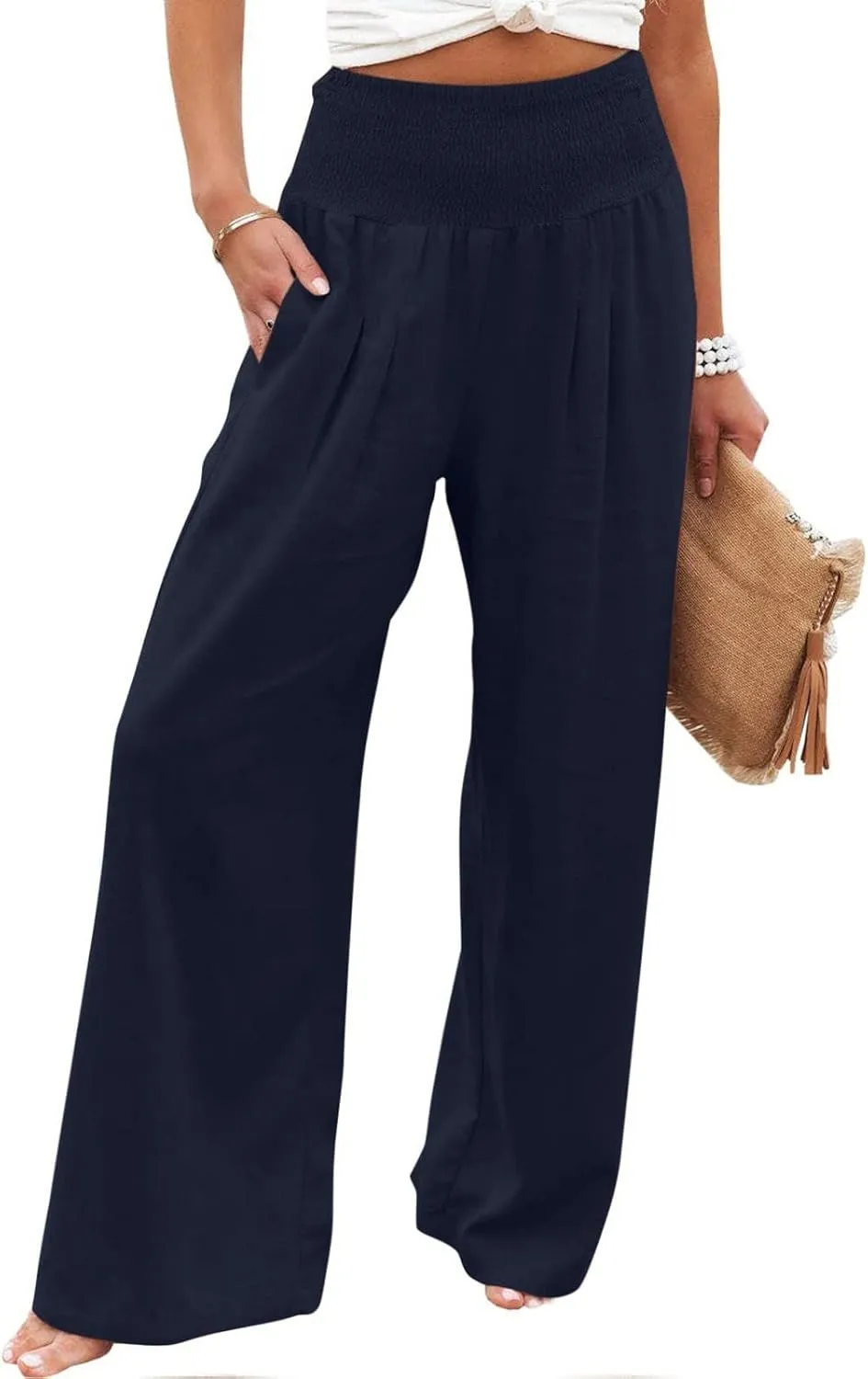 TARIENDY Womens High Waisted Pants Wide Leg Loose Palazzo Pants Elastic Beach Casual Pants Summer Trousers with Pockets