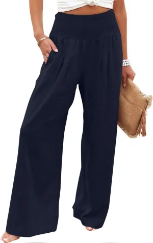 TARIENDY Womens High Waisted Pants Wide Leg Loose Palazzo Pants Elastic Beach Casual Pants Summer Trousers with Pockets