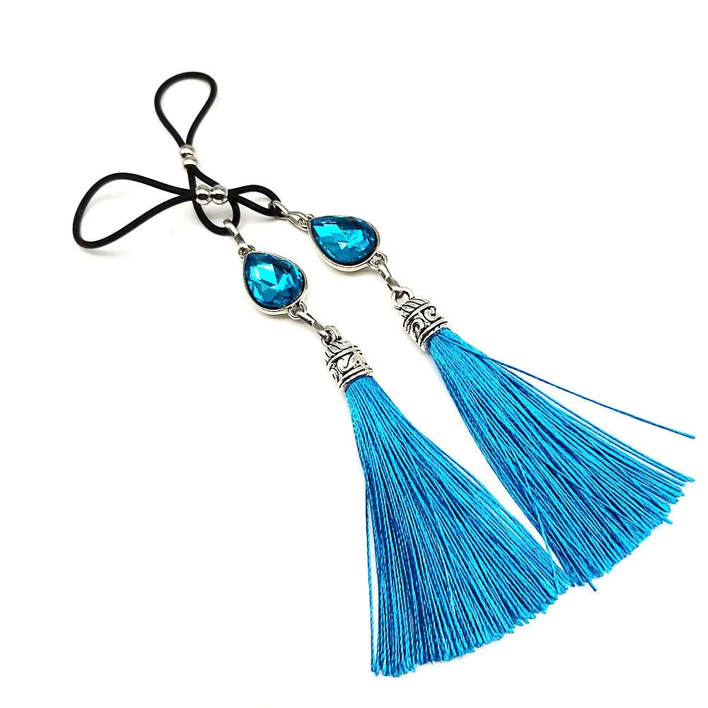 Tassel Nipple Jewelry Noose Non Piercing Teardrop Nipple Rings Body Jewelry Hair Ties Accessories-blue