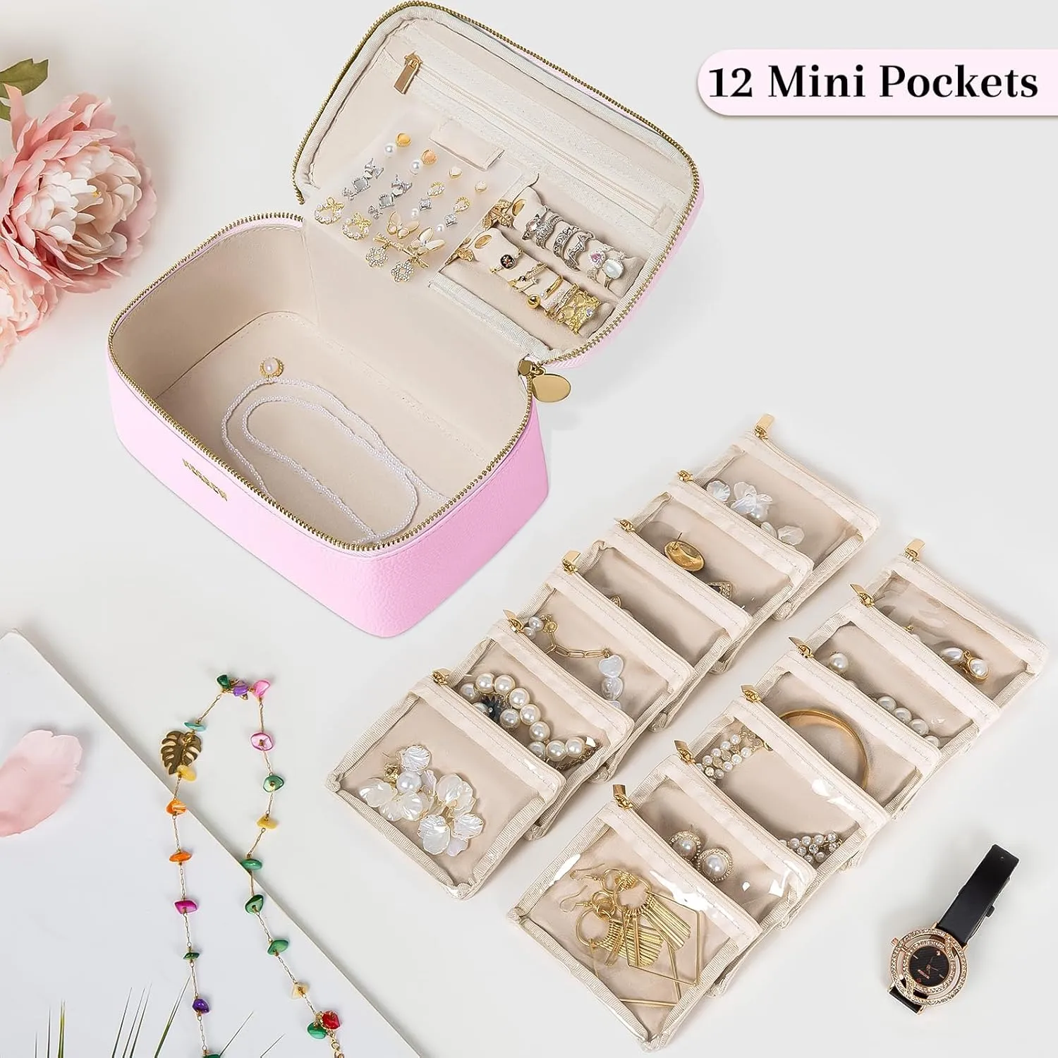 Travel Jewelry Box with 12 Pouches, Leather Jewelry Organizer Case for Women Girl for Necklace Earring Bracelet Ring, Jewelry Holder Organizer Box,Wedding Birthday Gift Idea