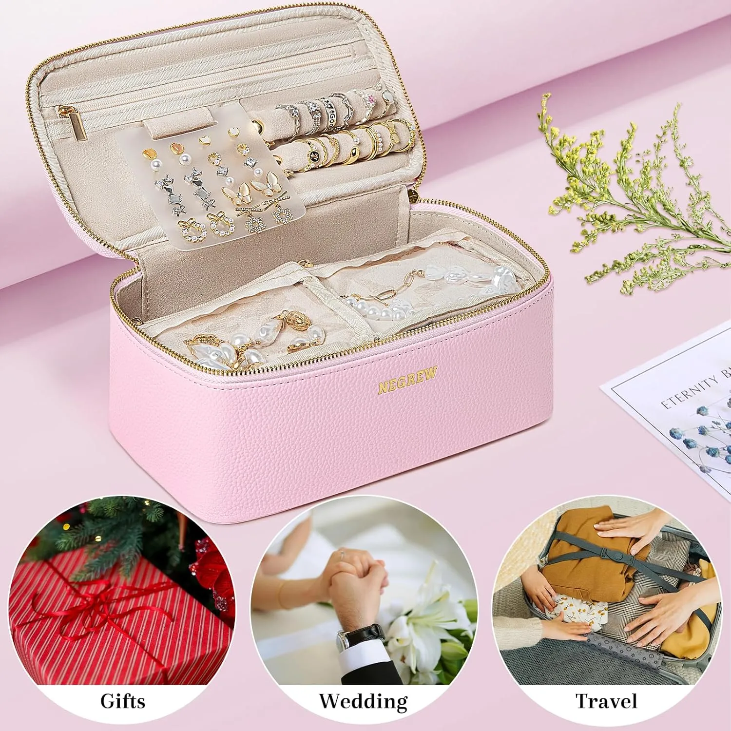 Travel Jewelry Box with 12 Pouches, Leather Jewelry Organizer Case for Women Girl for Necklace Earring Bracelet Ring, Jewelry Holder Organizer Box,Wedding Birthday Gift Idea