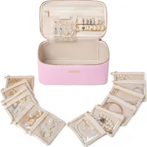 Travel Jewelry Box with 12 Pouches, Leather Jewelry Organizer Case for Women Girl for Necklace Earring Bracelet Ring, Jewelry Holder Organizer Box,Wedding Birthday Gift Idea