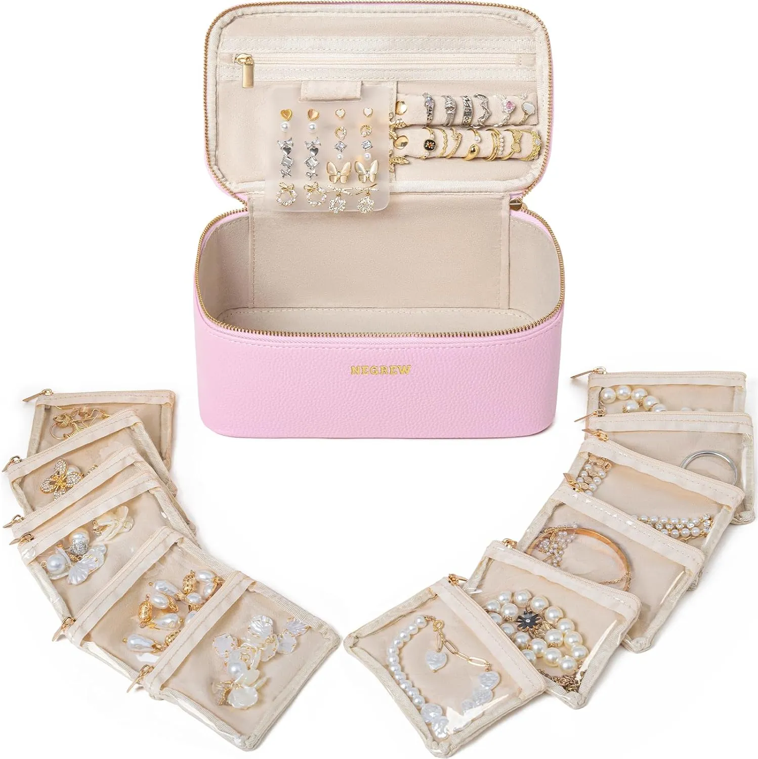 Travel Jewelry Box with 12 Pouches, Leather Jewelry Organizer Case for Women Girl for Necklace Earring Bracelet Ring, Jewelry Holder Organizer Box,Wedding Birthday Gift Idea