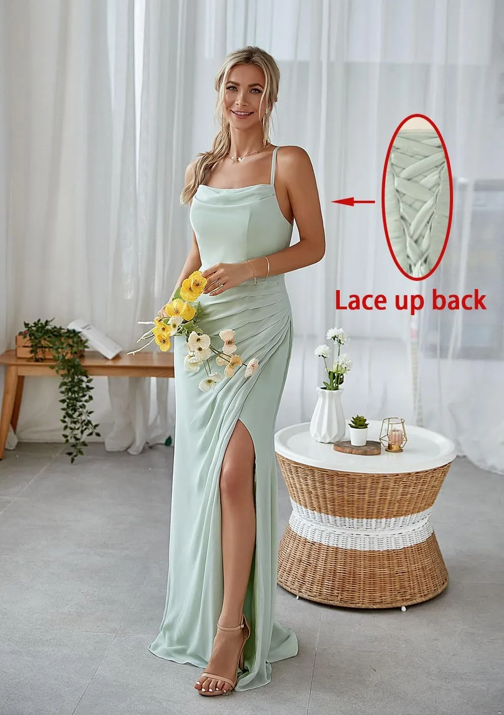 Tulle Bridesmaid Dresses for Women with Slit Spaghetti Strap Formal Evening Gown Pleated A Line Maxi Dress