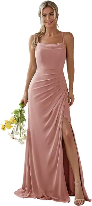Tulle Bridesmaid Dresses for Women with Slit Spaghetti Strap Formal Evening Gown Pleated A Line Maxi Dress