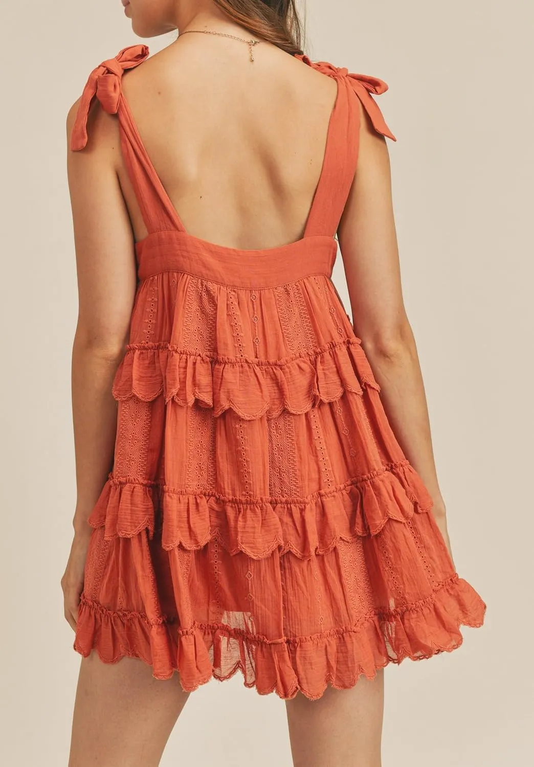 UAURORAO Women Tie Shoulder Ruffle Mini Dress Lace Trim Tiered Babydoll Dress Boho Floral Bow Strap Sundress