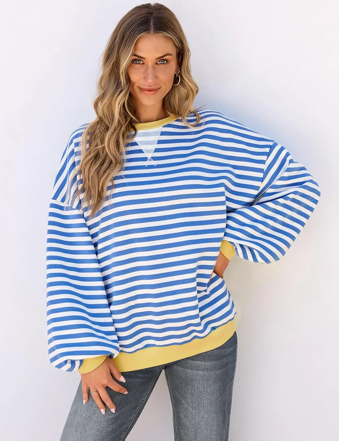 UEU Women Striped Oversized Sweatshirt Color Block Crewneck Long Sleeve Pullover Top Fashion Trendy Preppy Clothes