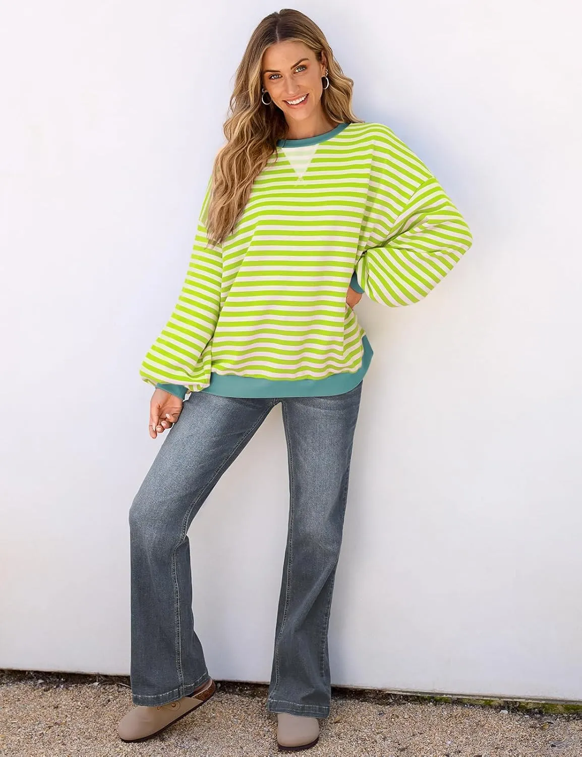 UEU Women Striped Oversized Sweatshirt Color Block Crewneck Long Sleeve Pullover Top Fashion Trendy Preppy Clothes