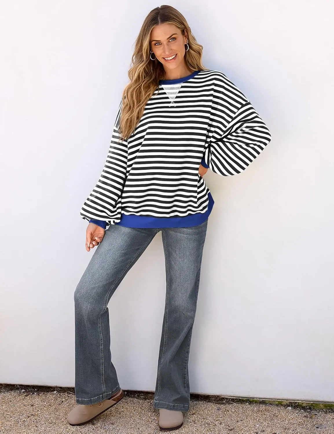 UEU Women Striped Oversized Sweatshirt Color Block Crewneck Long Sleeve Pullover Top Fashion Trendy Preppy Clothes