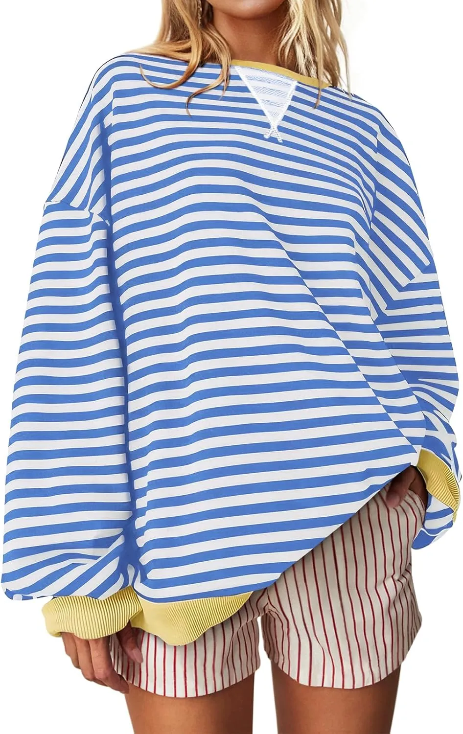 UEU Women Striped Oversized Sweatshirt Color Block Crewneck Long Sleeve Pullover Top Fashion Trendy Preppy Clothes